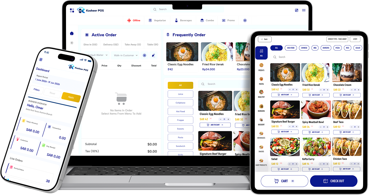 Kasheer POS on laptop, tablet, and mobile devices